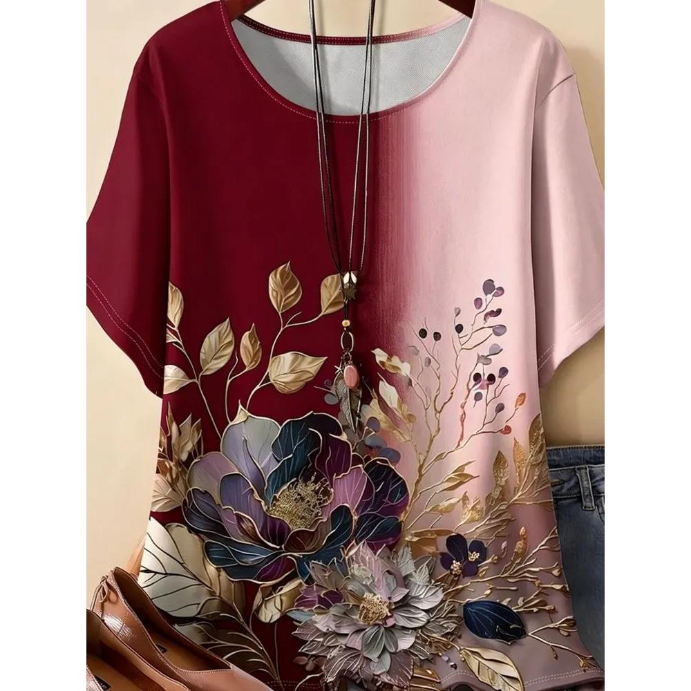 Daily Versatile Flower Print Women's Short-sleeved Casual Loose Top Comfortable Breathable T-Shirts Women’s