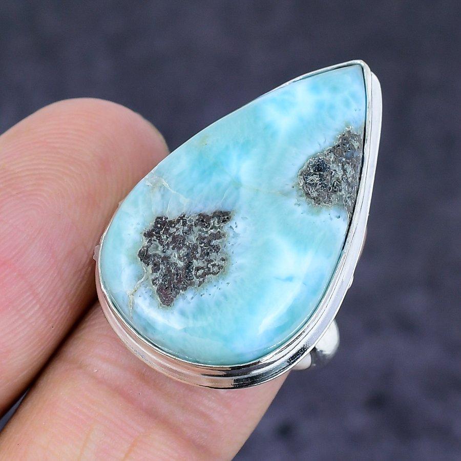 Larimar Gemstone Handmade 925 Sterling Silver Jewelry Ring Size 7.5 N6q93