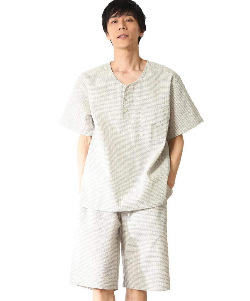 Shijira Roomwear for Henley Shijira Summer Cool Set White [Nishiki] Men, Neck, Weave, 100% Cotton, Material, Pajamas, (17. Plaid/3L/0821)