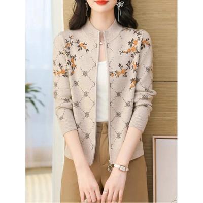 Jachetă Cardigan Jacquard Tricotată cu Mânecă Lungă de Toamnă pentru Femei Blocuri de Culoare Subțire Top cu Fermoar