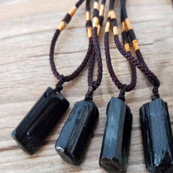 Fashion Black Tourmaline Stone Pendant with Rope Faux Gem Specimen Birthday Gift