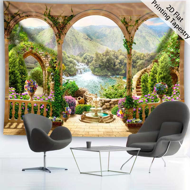 Renaissance Garden Tapestry Waterfall Forest View Balcony Arch Wall Hanging Backdrop