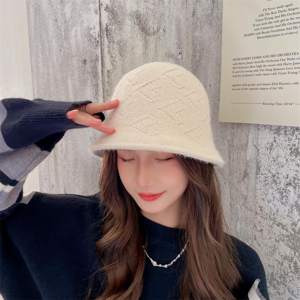 

Hat female autumn and winter rabbit fur knitted wool bucket hat plush double-sided bucket hat warm tide Adult (55-58cm) бежевий