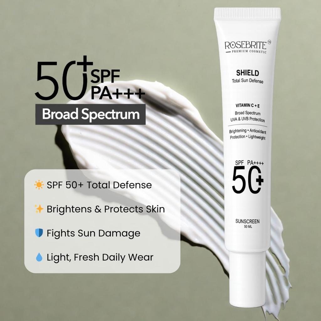 Rosebrite Shield Sunscreen SPF 50+ PA++++ with Vitamin C + E - Total Sun Defense, Brightening & Antioxidant Protection | Broad Spectrum UVA/UVB L