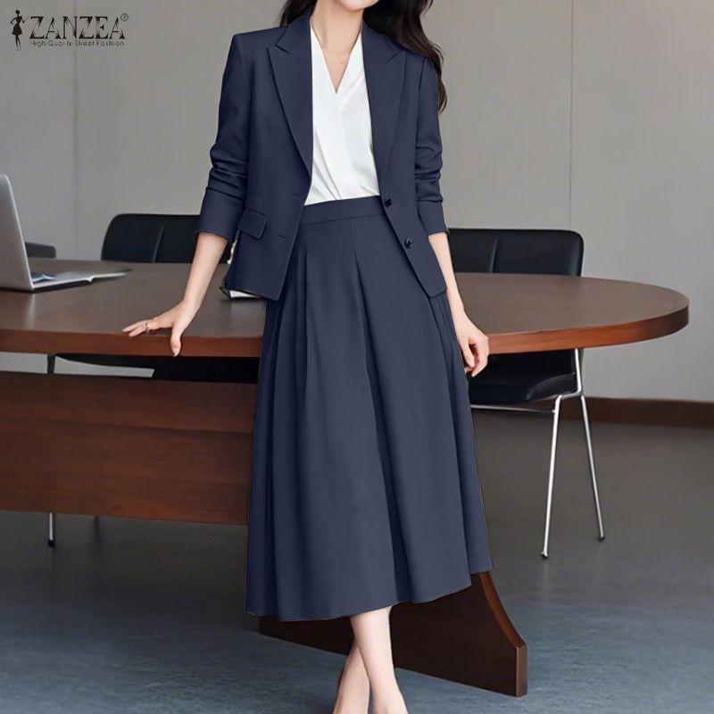 ZANZEA Women Long Sleeve Blazer and Midi Skirts Casual Two Piece Suit Sets