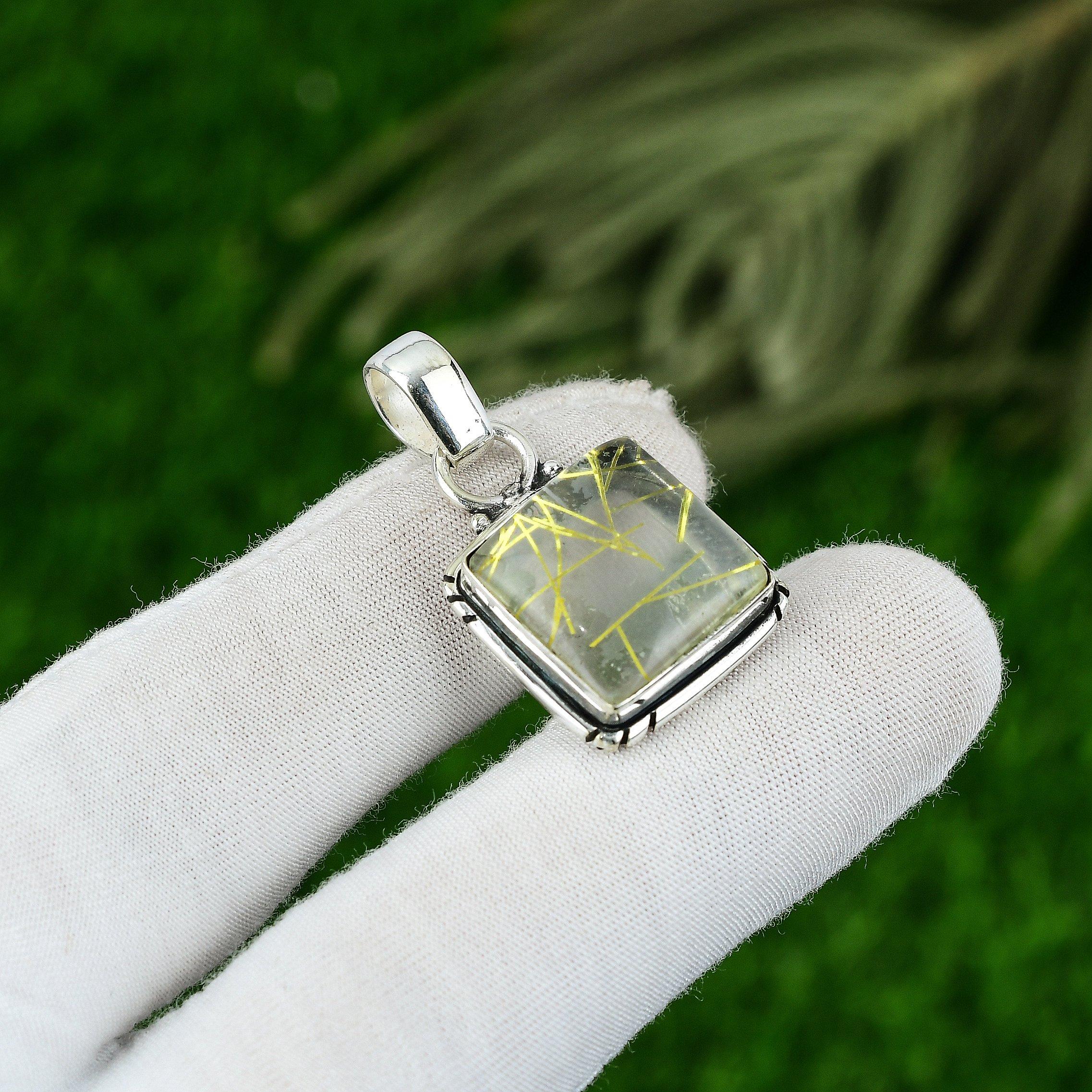 

Square Natural Golden Rutile Mother Bezel Trendy Pendant Jewelry Sterling Silver