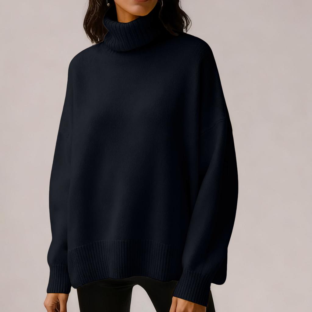 Women's Solid Color High Neck Pullover, Solid Color Loose Knit Sweater