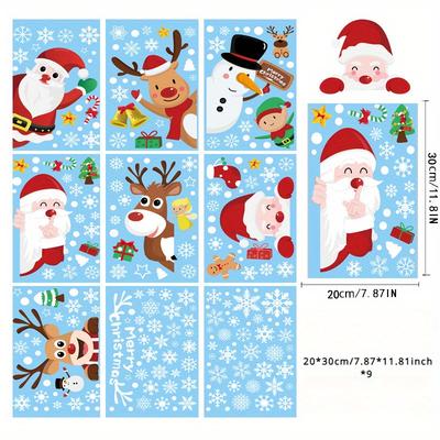 9 Blatt Weihnachtsfensteraufkleber Weihnachtsfensterdekorationen Weihnachtsfensterflocken Weihnachtsaufkleber für Zuhause Hirsch Weihnachtsmann