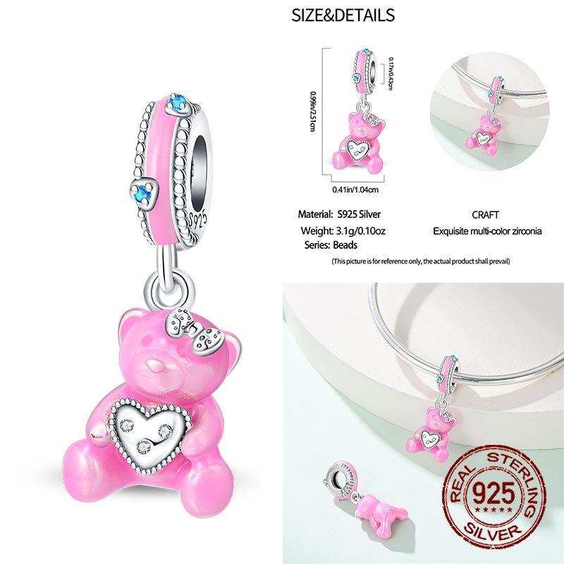 Real Copper Princess Pink Bear Bead Blue Rose Red Bears Pendant Charms Fit Bracelet Neckalce Diy Bithday Gift