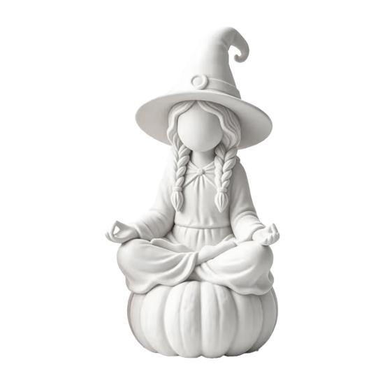 Indoor Autumn Window Displays 3D Printed Meditating Witch Figurine on Pumpkin Base, Minimalist Decorative Hat Sculpture Halloween Desktop Statue, DIY