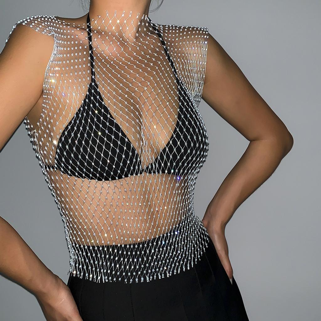 Accessories, Sexy Street Shots, Fishing Nets, Hollow Clothes for Women, Personalized Flash Diamonds, Nightclub Style, Geometric Body Chains