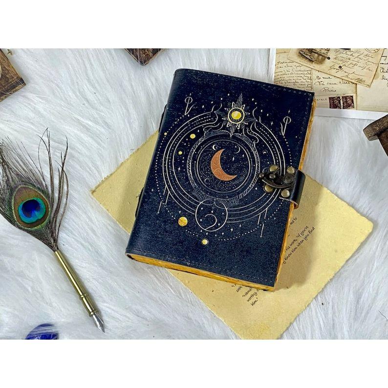 Sun and Moon Leather Notebook Spell Book Handstitched Journal Grimoire Journal Handmade Journal With Deckle Edge Paper Gifts For Him Her