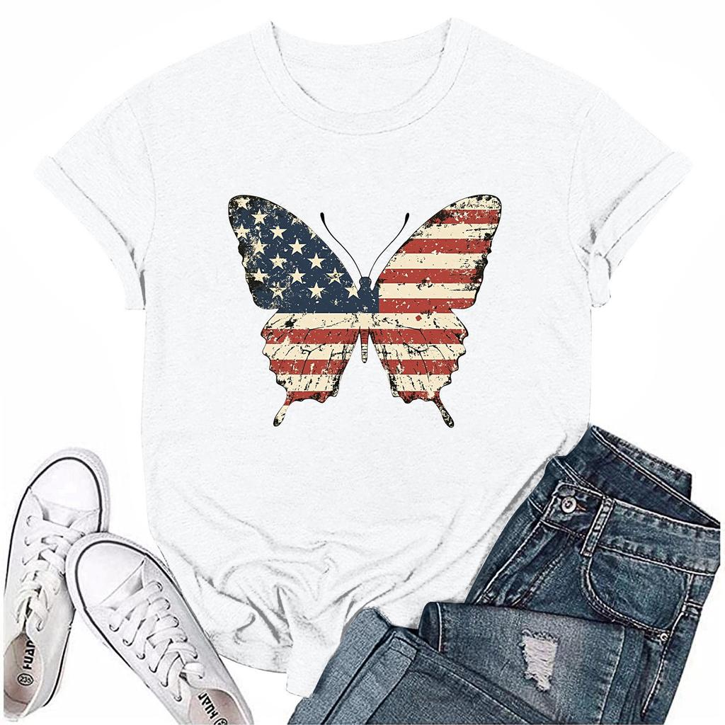 Adults Casual Daily Round Neck Independence Day Printed Short Sleeved T-shirt Letter Top