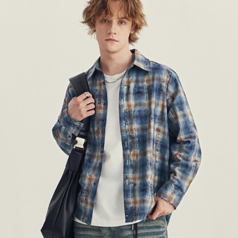 Spring and Autumn Men's Plaid Long Sleeve Retro Rave Loose Lap Collar Shirt Jacket