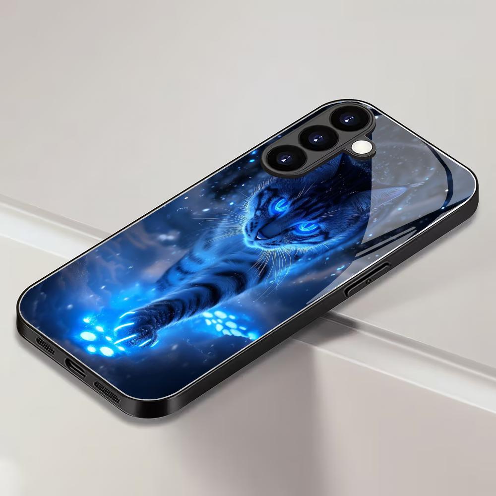 Blue Light Cat Pattern Tempered Glass Phone Case Suitable for Samsung Galaxy S26 S25 S24 S22 S21 S20 FE/Ultra/Plus Shockproof