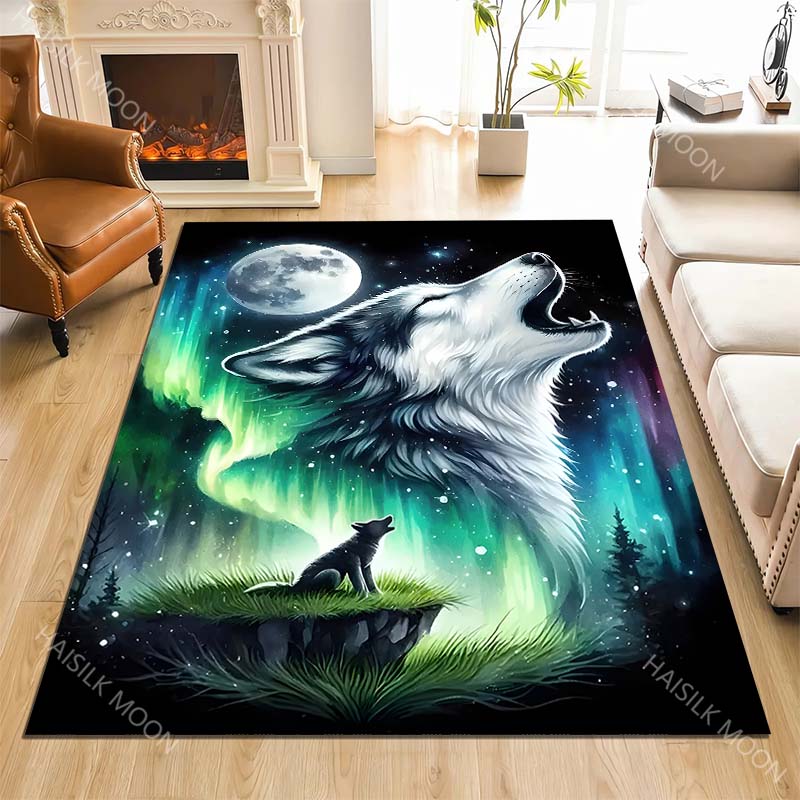 1PC Howling wolf moonlit aurora forest Carpet for Living Room Bedroom Sofa Home Decor Rus Non-slip Floor Mat Luxury Gift