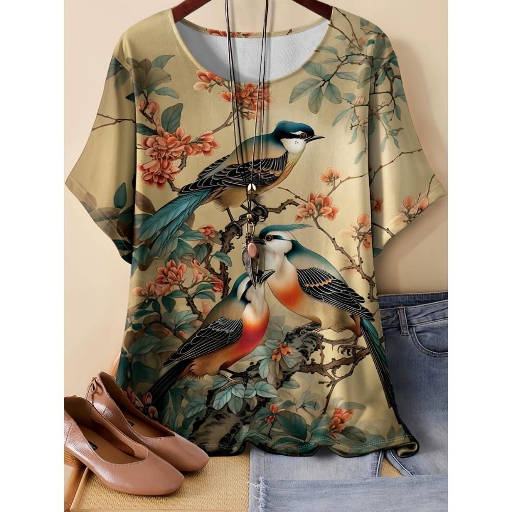 XL-7XL Übergröße Damen T-Shirts Damen O-Ausschnitt Mode 3D Floral Farbbedrucktes Oberteil Kurzarm T-shirt