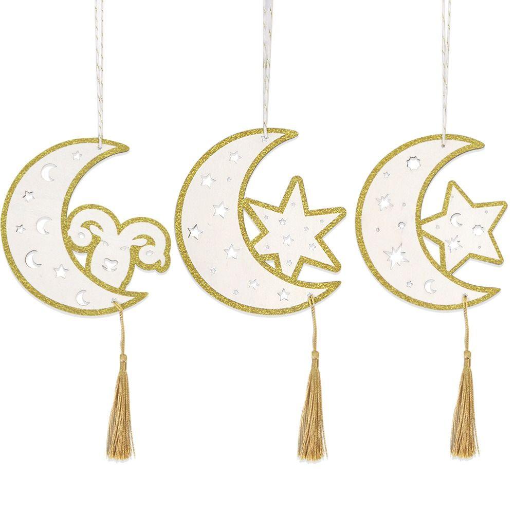 5Pcs Hollow Wooden Hanging Signs Creative Eid Moon Ornament Eid Door Sign  Middle East Moon Festival