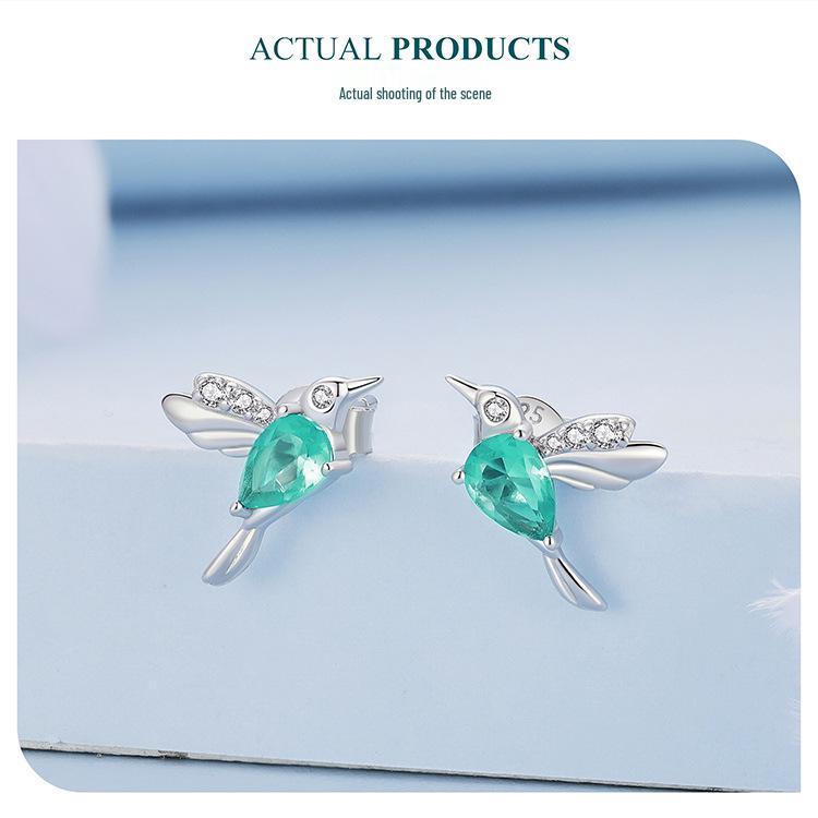 Avle S925 Sterling Silver Light Green Teardrop Hummingbird Earrings