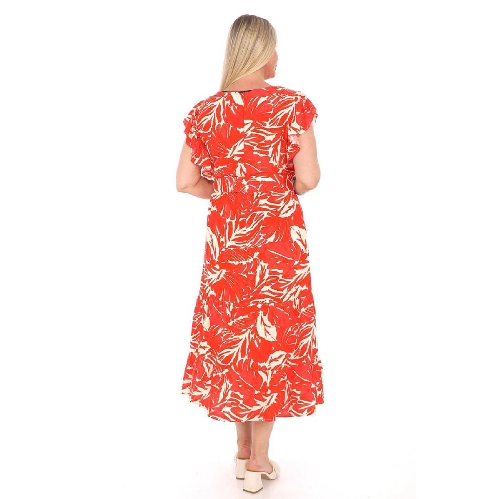 Flounce Sleeves Crew Neck Belted Floral Patterned Long Viscose Dress