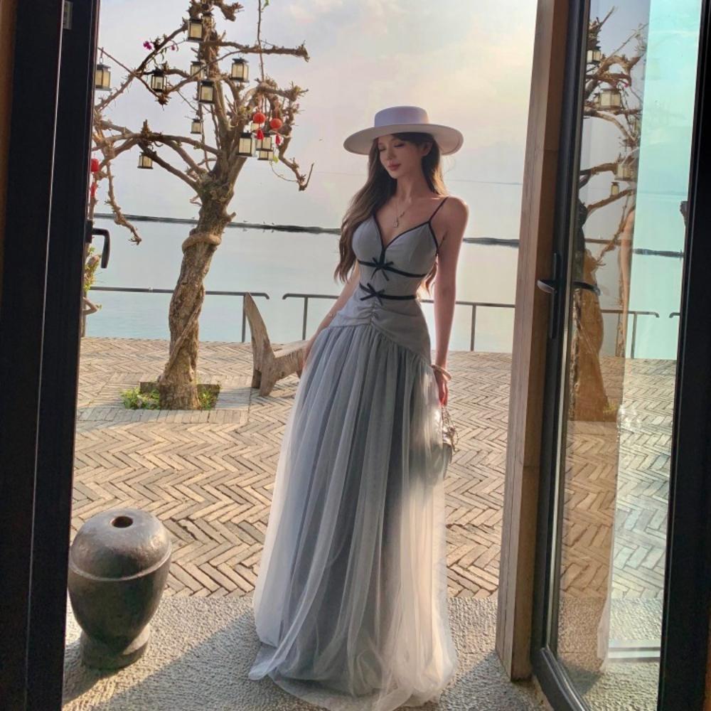 Women's Mesh Strapless Dress 2026 Spring Summer New Arrival V-neck Bowknot Deco Long Maxi Dresses Female