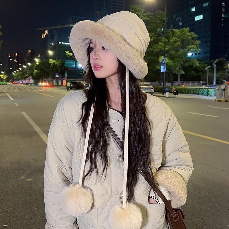 Hairball plush bucket hat sweet and cute Korean version of plush thickened suede ear hat