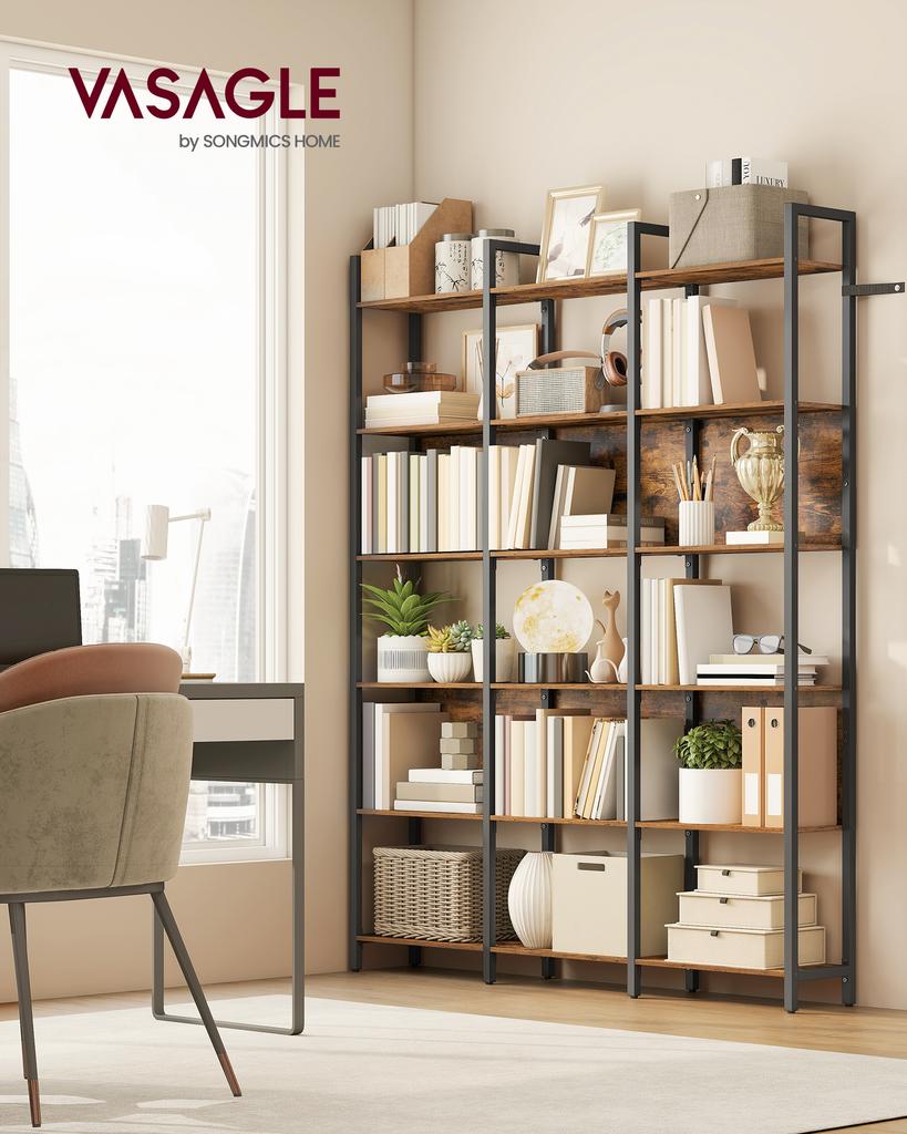 VASAGLE 6-Tier Bookshelf, Book Shelf, Industrial Bookcase, with Steel Frame, for Living Room, Home Office, Bedroom, 24 x 128 x 187.1 cm