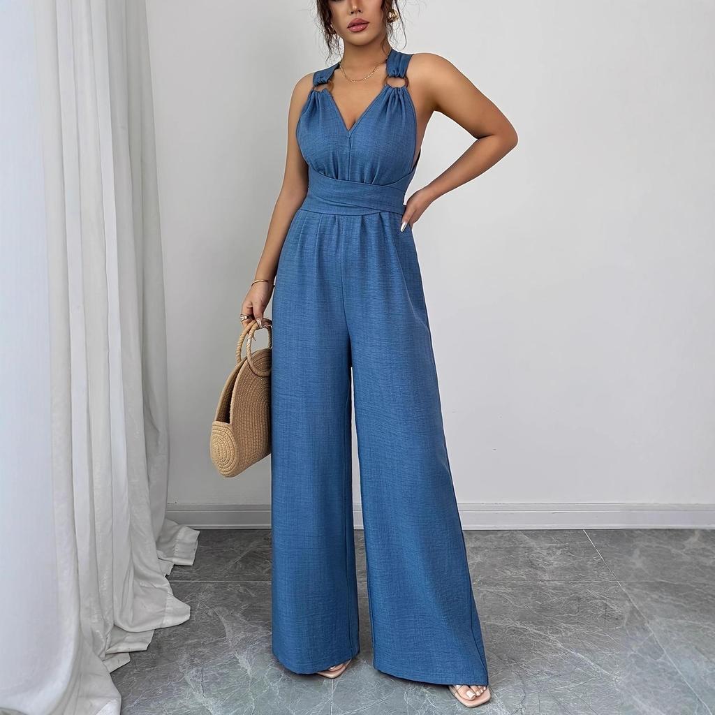 European Women's 2025 V-Neck Backless Cross-Waist Wide-Leg Jumpsuit