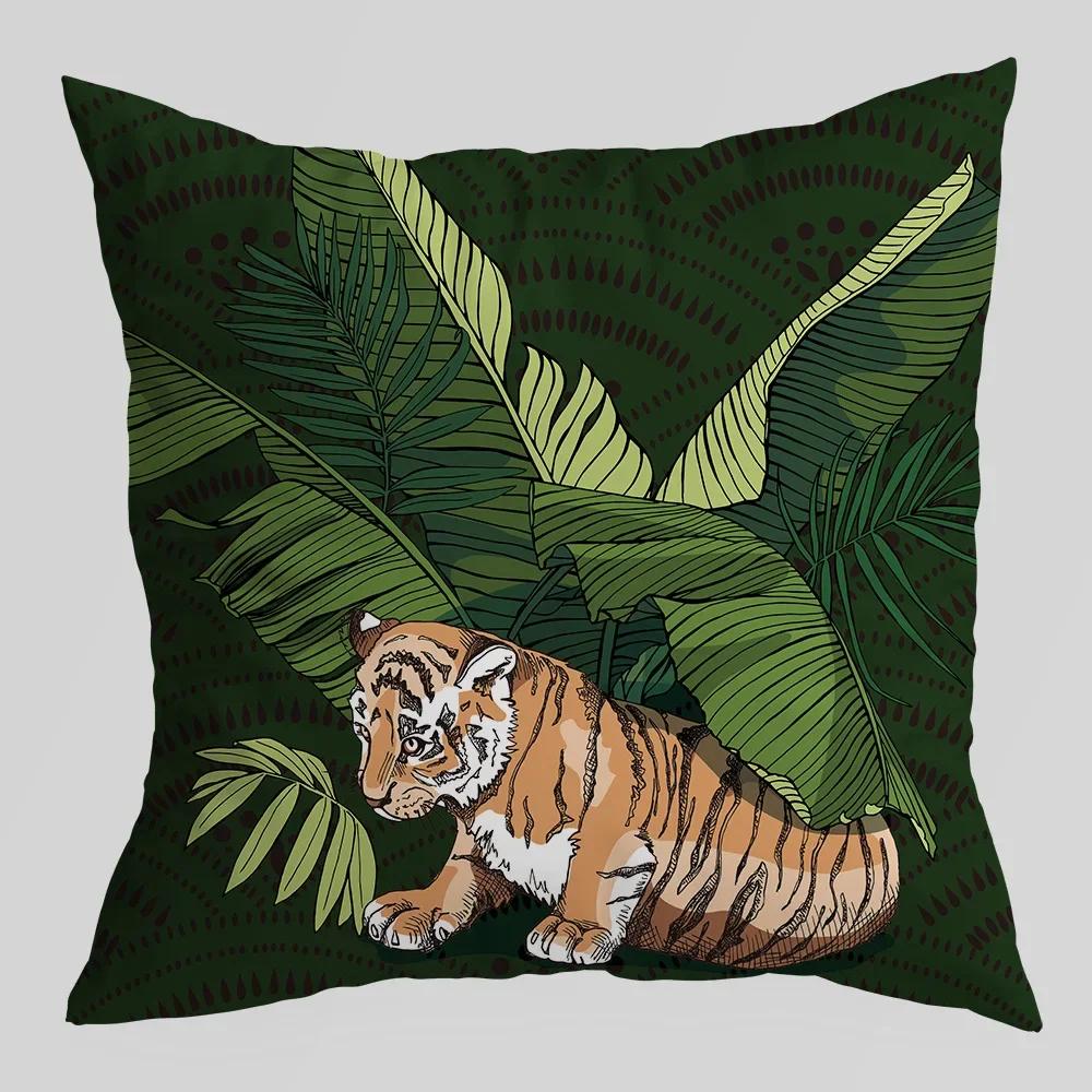 Tropical Green Tiger Pattern Double-sided Printed pillow cover Short plush Suitable living rooms sofas throw cushion cover