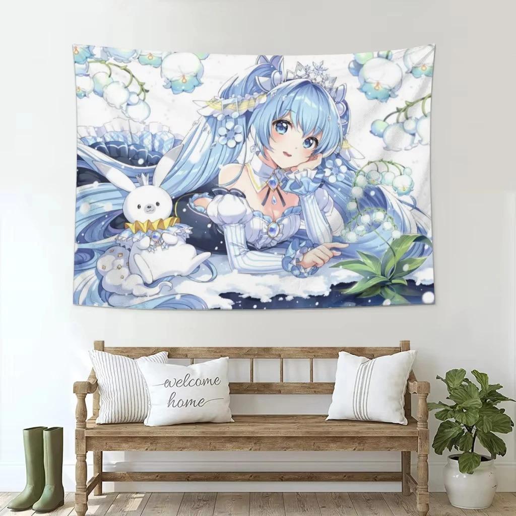 Neko Cat Girl Anime Tapestry Blue Hair Miku Print Polyester Wall Hanging Kawaii Otaku Decor for Bedroom  Living Room