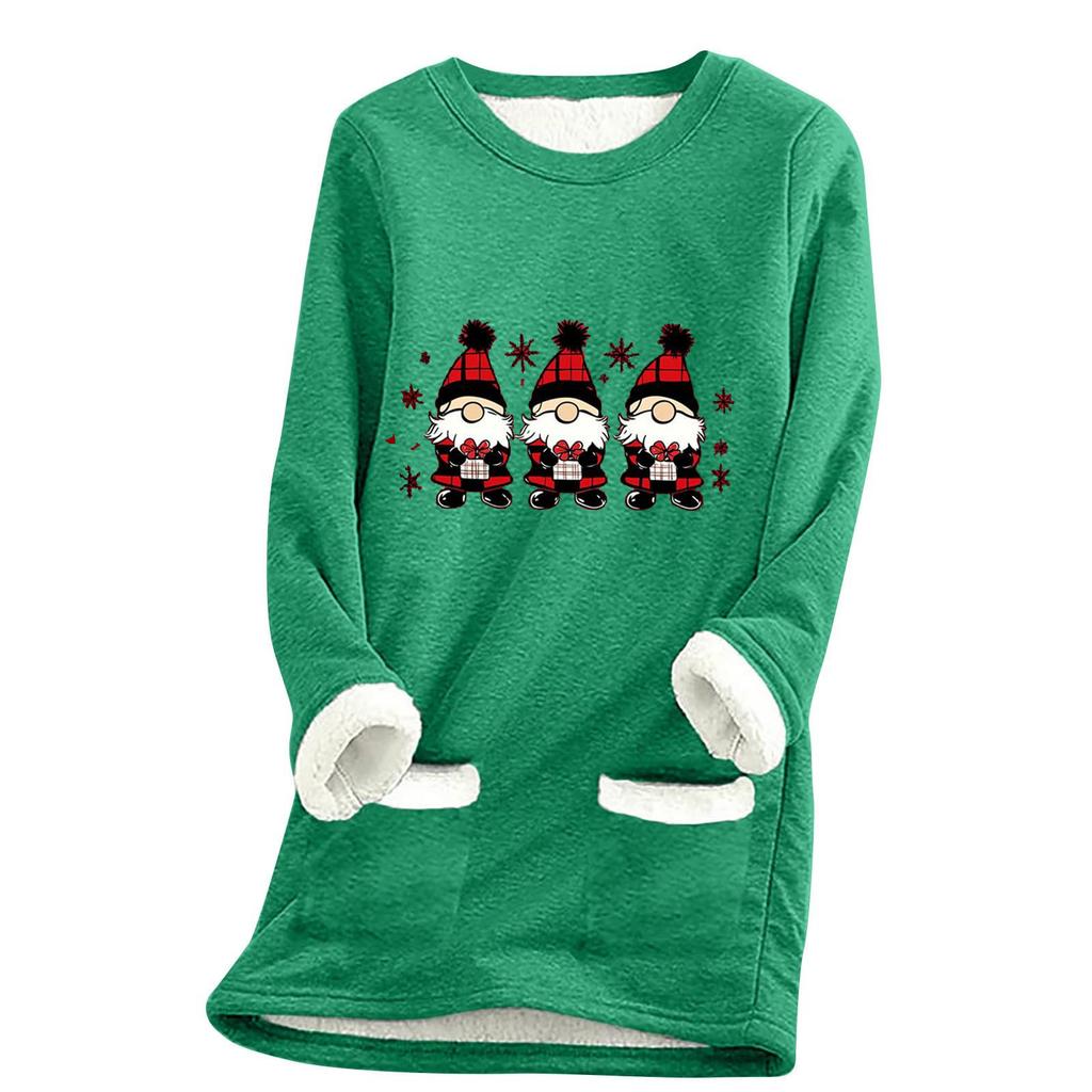 Ladies' Loose And Comfortable Round Neck Christmas Print Thick With Pockets Long Sleeved Top