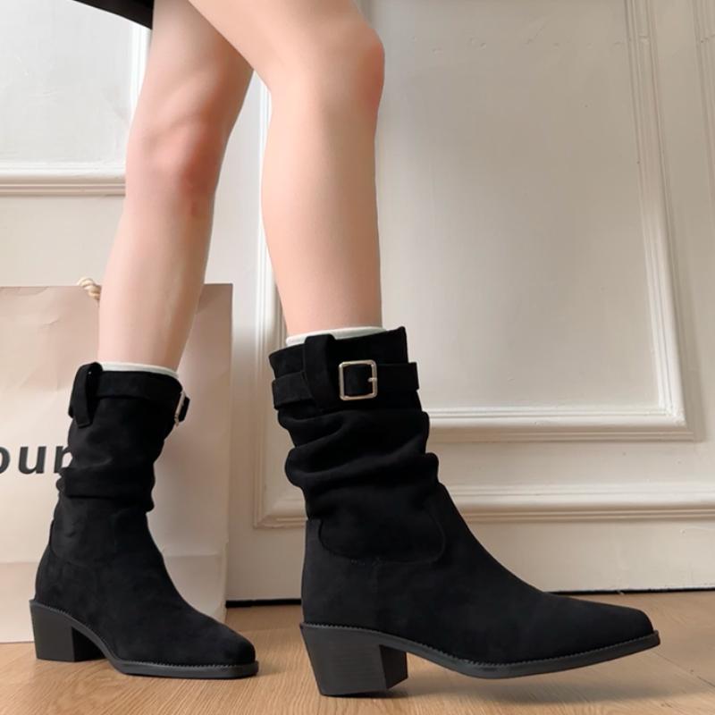 Autumn Winter Suede Pointed Toe Women Ankle Boots Fashion Slip On Thick Heel Shoes Ladies Elegant Slim Short Booties