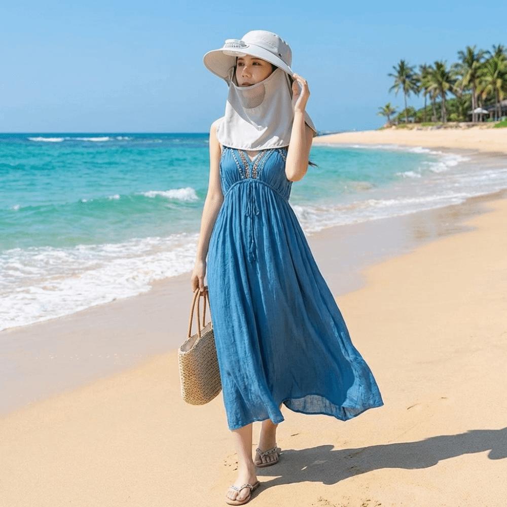 Chapéu Ventilador Solar de Aba Larga com Proteção Facial Chapéu de Pescador Chapéu Fashion com Proteção UV Roupa de Praia
