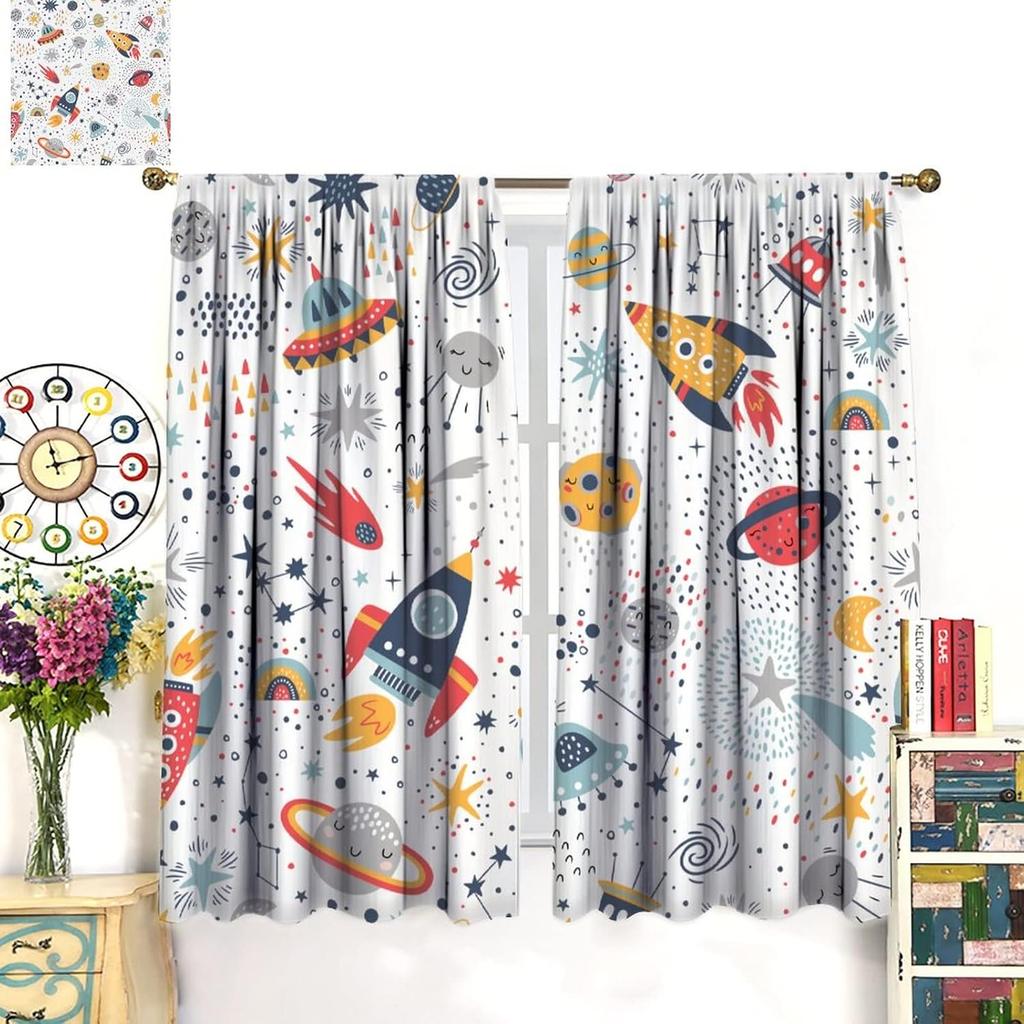 Kids Outer Space Rocket Curtains Cartoon Universe Galaxy Starry Sky Cosmos Boys Girls Study Room Bedroom Curtain For Master Made Of Polyester