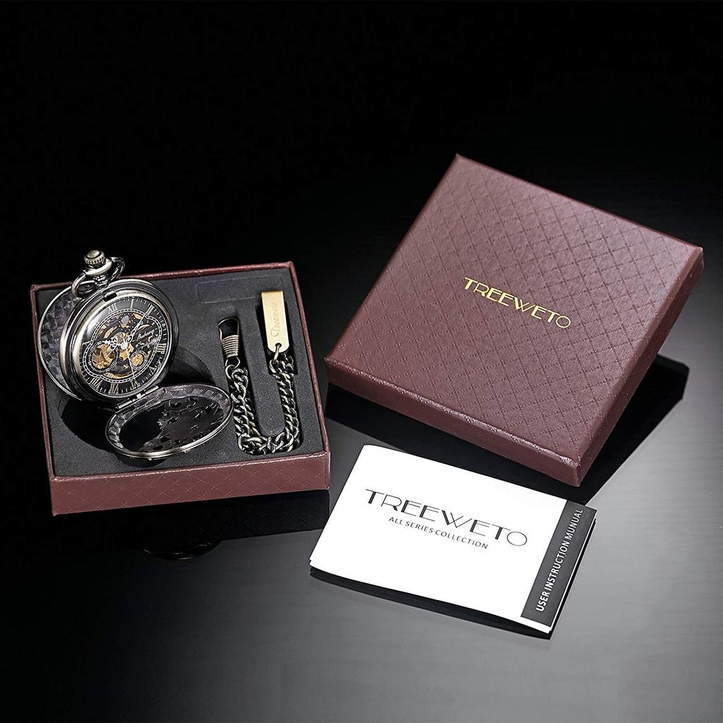 TREEWETO Mechanical Pocket Dragon Roman Bronze with Chain Hand-Winding Watch, Double-Sided Cover, Openwork, Numerals, Skeleton,