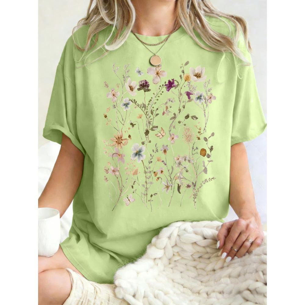 T-shirt da Donna con Stampa di Bellissimi Grappoli di Fiori Estate Oversize Manica Corta Girocollo Magliette in Cotone Y2K Top Sportivi Donna