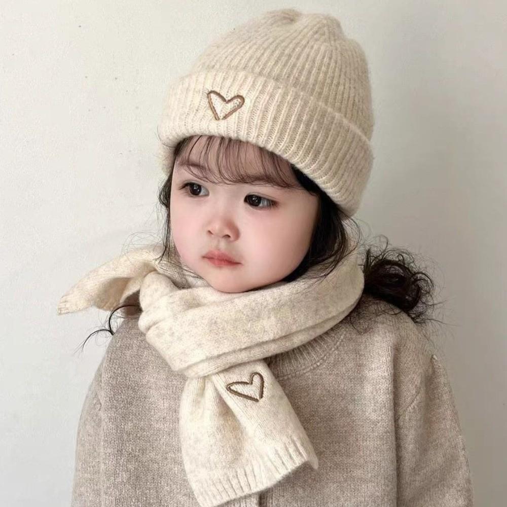 Love Heart Embroidery Knitted Hat Scarf Set Solid Color Neck Warmer Set Ski