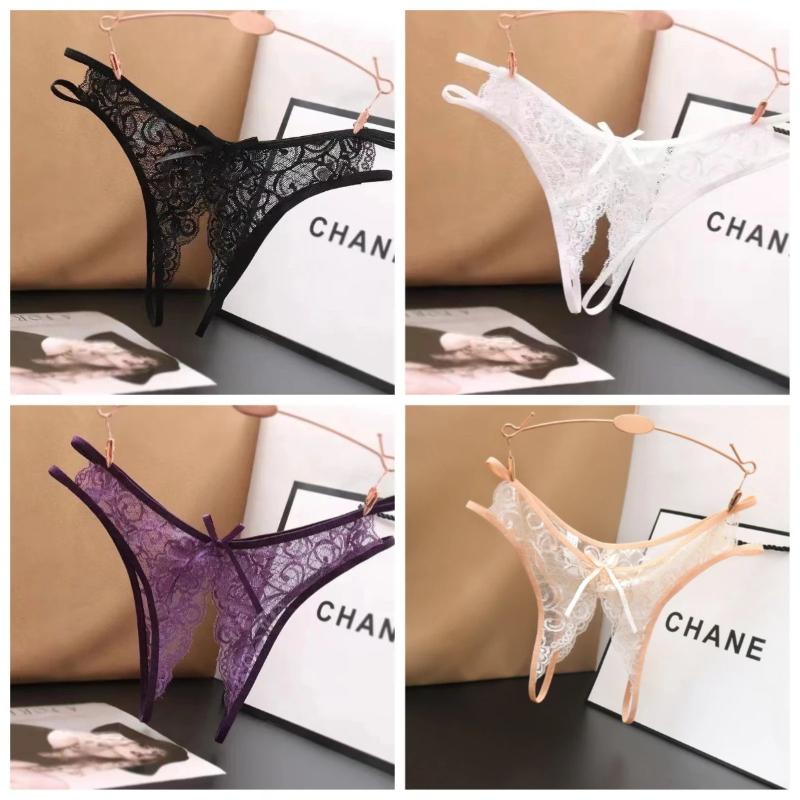 Women Sexy Transparent Lace G-strings Thongs Hollow Out Underwear for Ladies Crotch Opening Panties