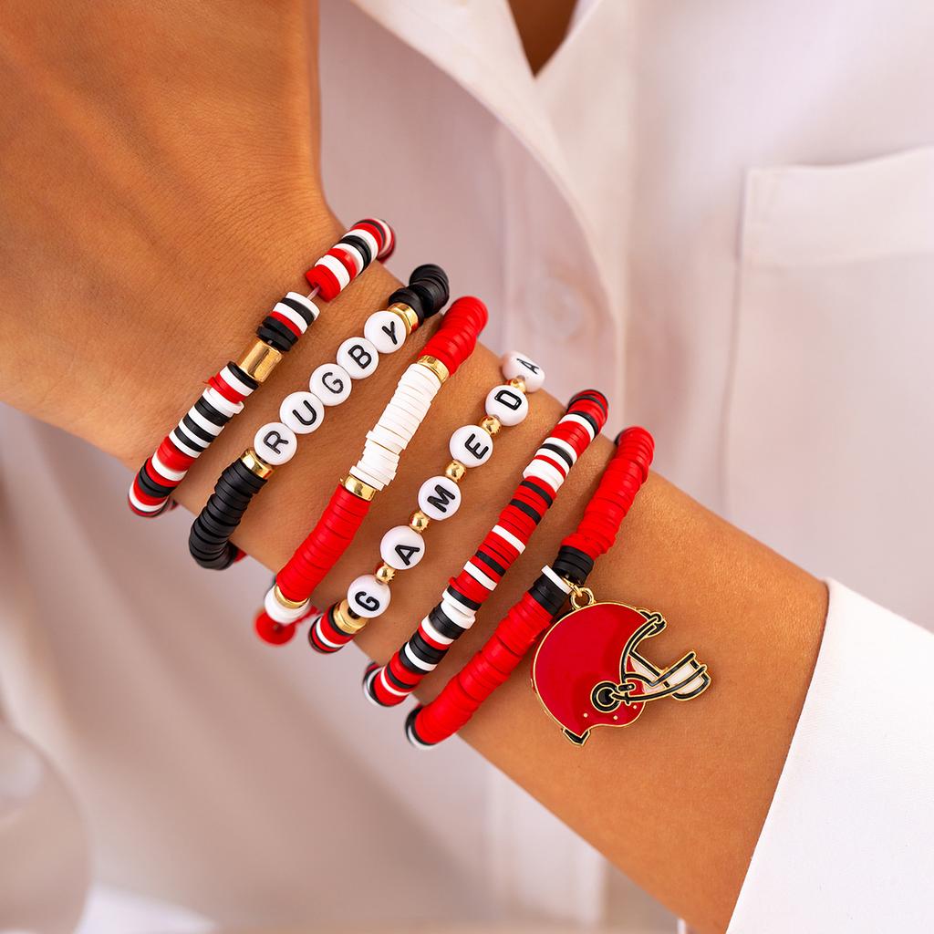 Accessories Super Bowl Alphabet Soft Pottery Beaded Bracelet, Fashion Rugby Pendant Bracelet Set Women