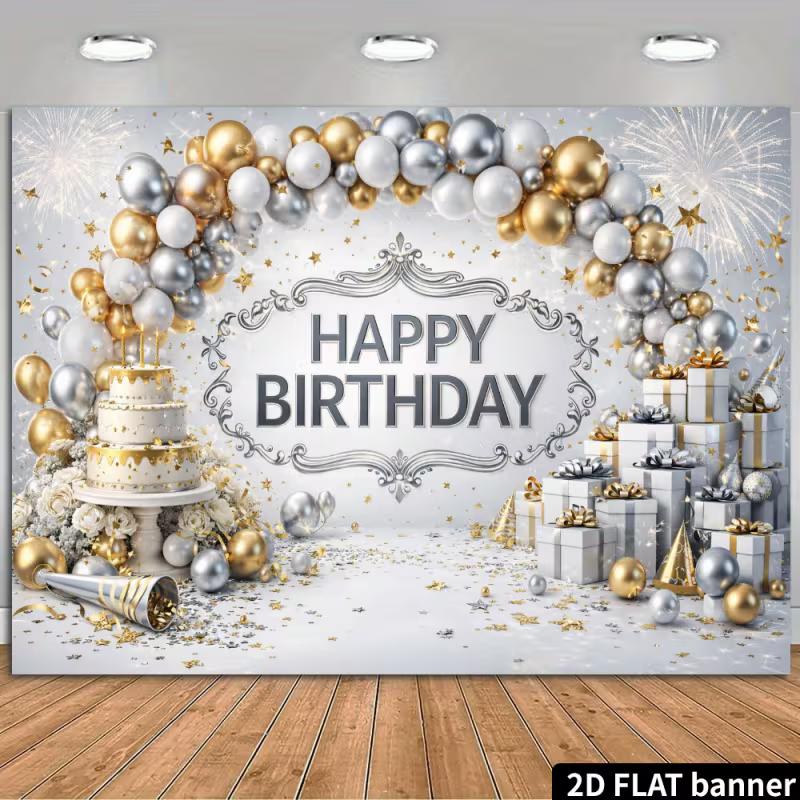 

2D Silver Gold Glitter Birthday Backdrop Banner Happy Birthday Party Photo Booth Background 47.2x31.5inch/120*80cm