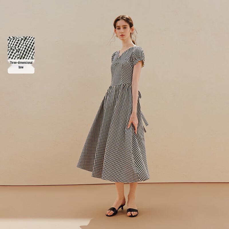 INMAN Plaid Bow V-neck Puff Sleeve Long Dress L