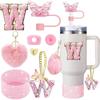 8 Pezzi Accessori per Tazza per Stanley Cup 30oz 40oz Include Coperchio Tappo Cannuccia a Farfalla Piedino in Silicone Maniglia Ciondolo Adesivo con Iniziali