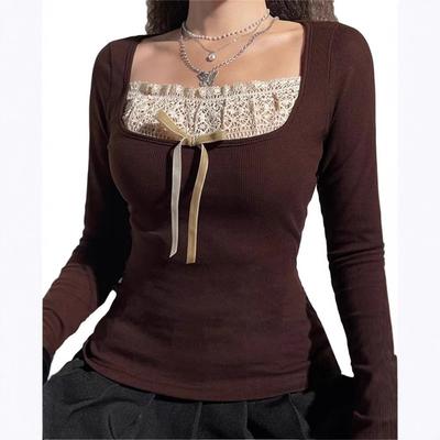 Elegant Long Sleeve Knitted Tops Lace Stitching Blouse Y2k Women's Neckline Knitwear Tops Bowknot Slim Fit Casual Sweet Tshirt Pullovers Clubwear
