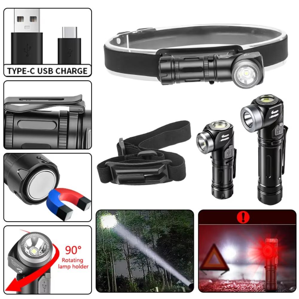 Type-C Rechargeable LED EDC Flashlight 90° Adjustable Waterproof Powerful Headlamp Aluminum Alloy Magnetic Base Work Camp Light