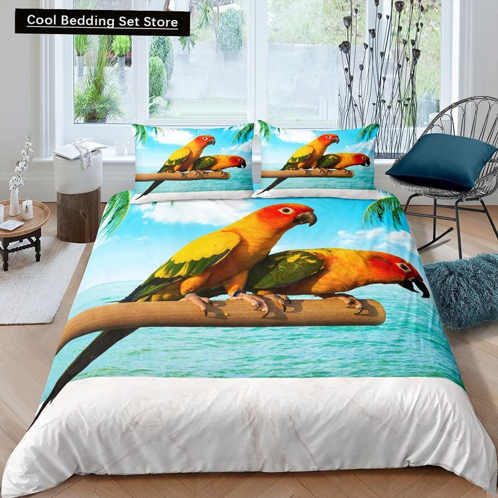Parrot King Queen Duvet Cover Colourful Feather Bedding Set Rain Trees Bird Quilt Cover Sunset Mountain Natural Comforter Cover