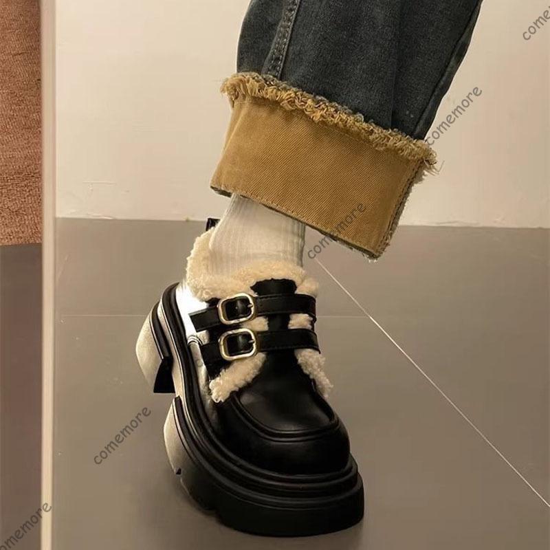 Comemore Black Leather Shoes for Women Winter New Thick-soled Loafers Padded Cotton Shoes Casual Heeled Belt Buckle Pumps