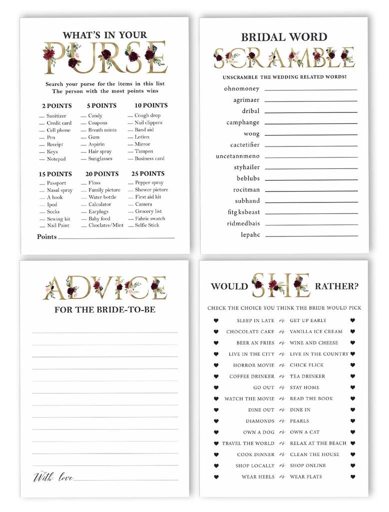 Inkdotpot Bridal Shower Game Set Of 4(50 Sheets Each) w   Miss to Mrs Gold Banner Floral Fun Bachelorette Party Game Set