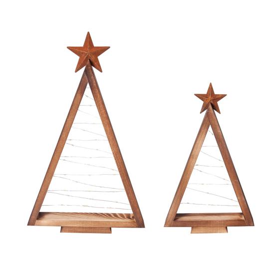 2Pcs Wooden Christmas Tree Ornament with LED Light Farmhouse Rustic Glowing Xmas Tree Table Sign Home Office Desktop Triangle Decoration