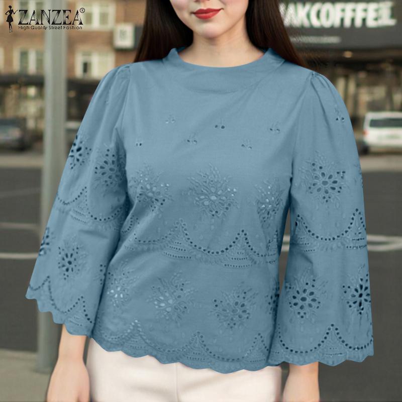 ZANZEA Womens Casual O-neck 3/4 Sleeve Crochet Patchwork Loose Blouse