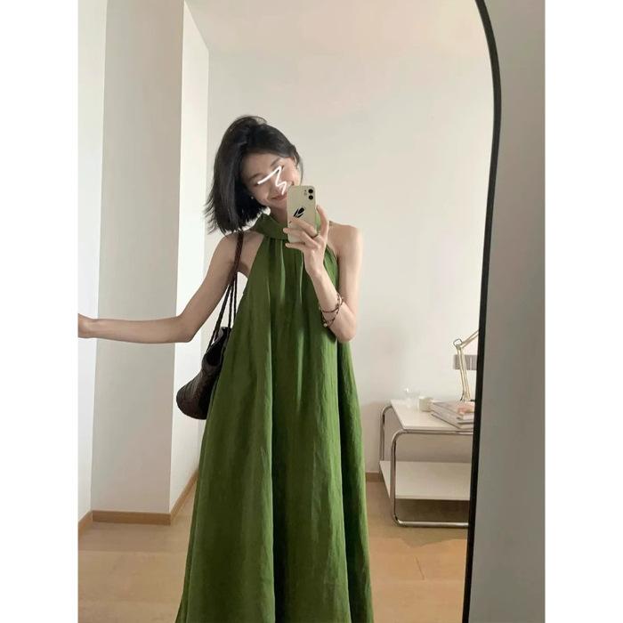 French green neck sling dress children s summer new seaside vacation temperament dress S армия зеленый
